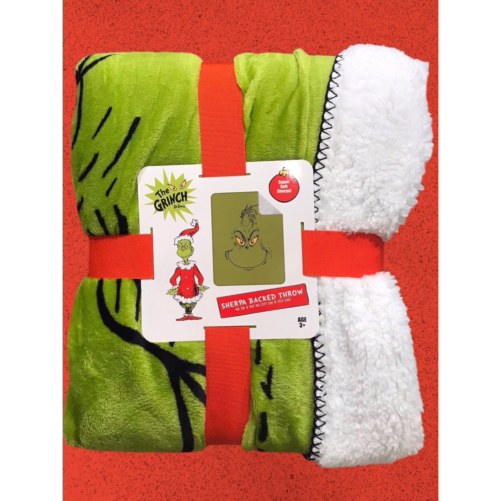 New Plush Dr. Seuss The Grinch Throw‎ Blanket Sherpa Backed 46 x 60"  Super Soft